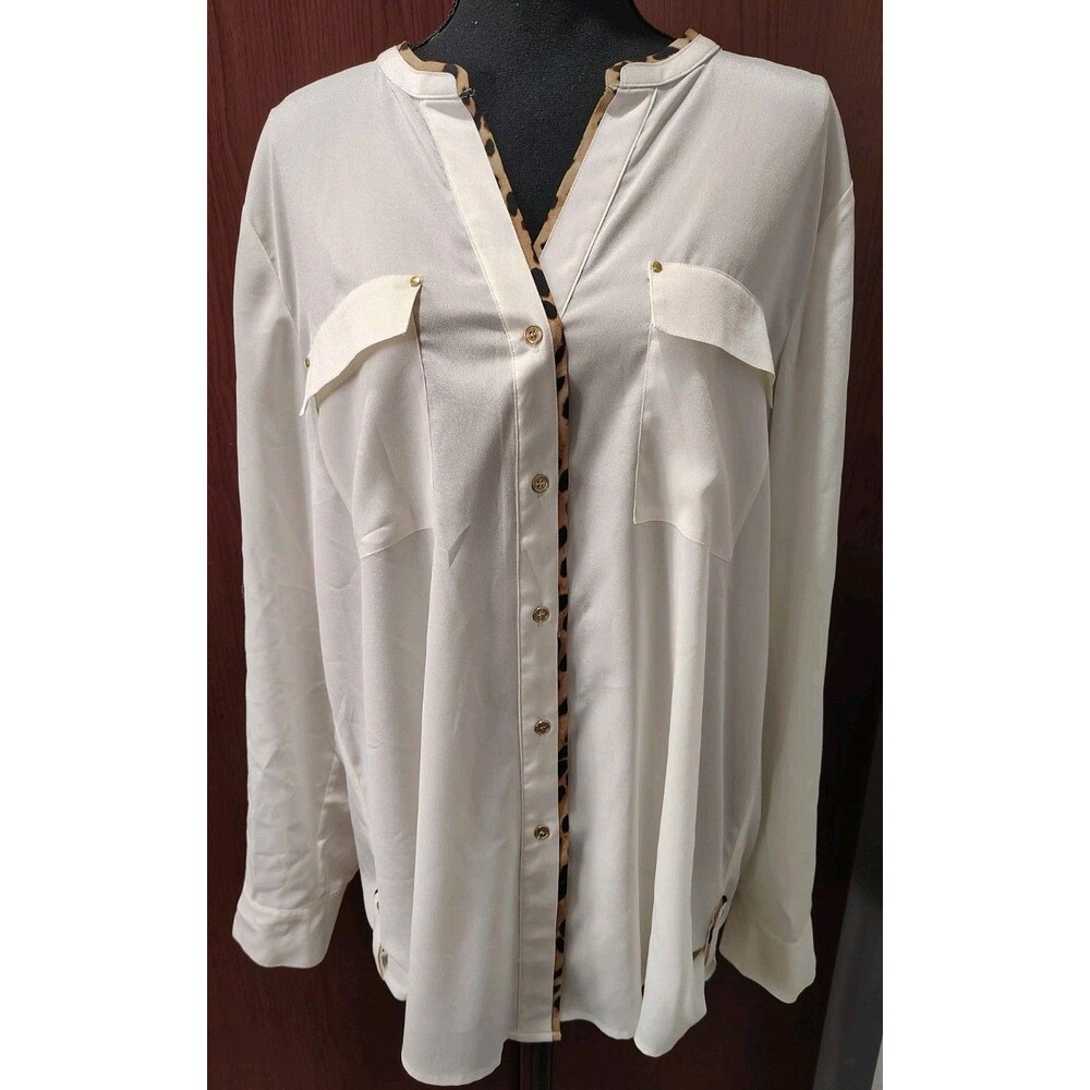 Calvin Klein Women's Size XL White Leopard Trim Roll Tab Button Down Top Chic
